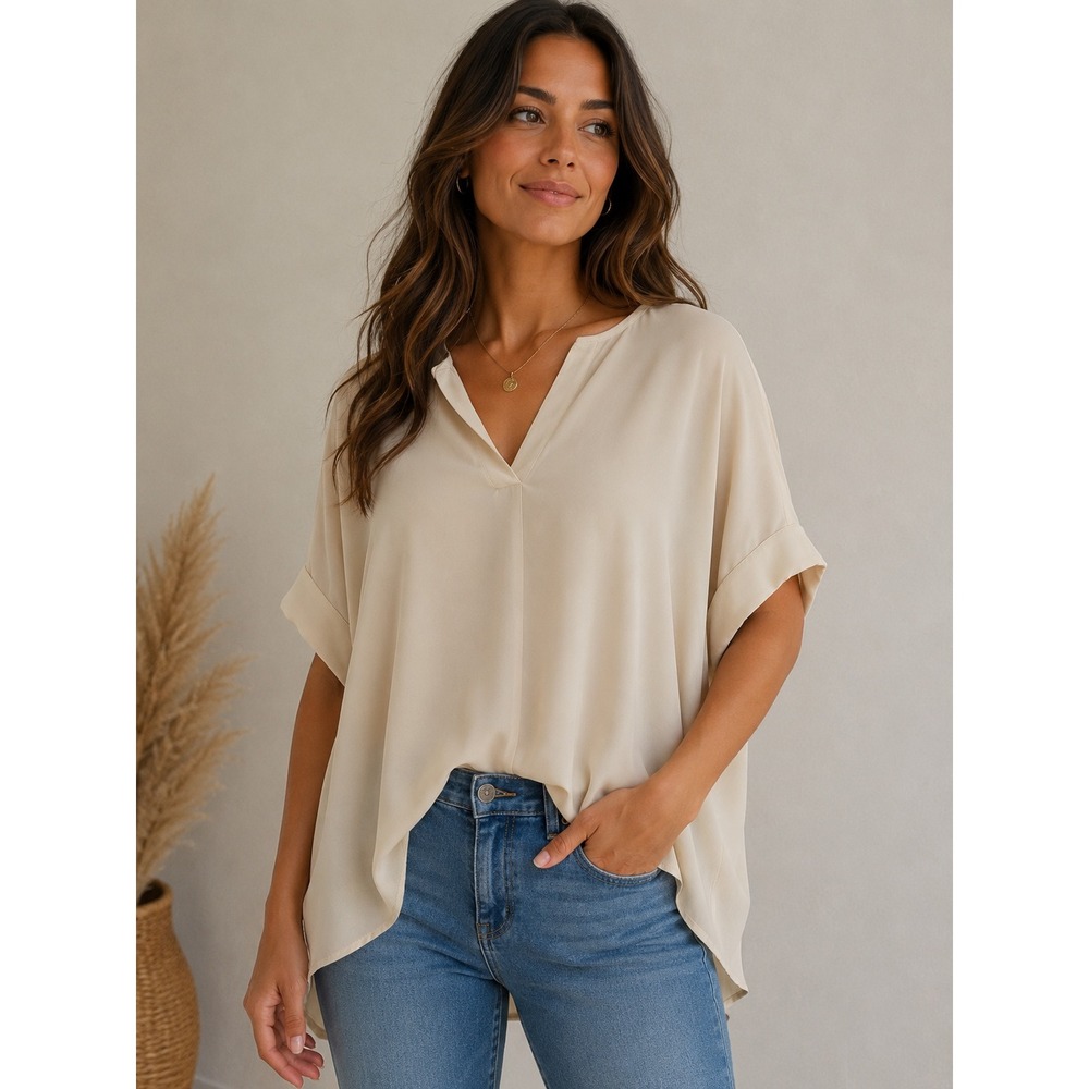 Zenana Womens Plus Size 2X Beige V-Neck Dolman Sleeve Blouse QT-2704XP Cream